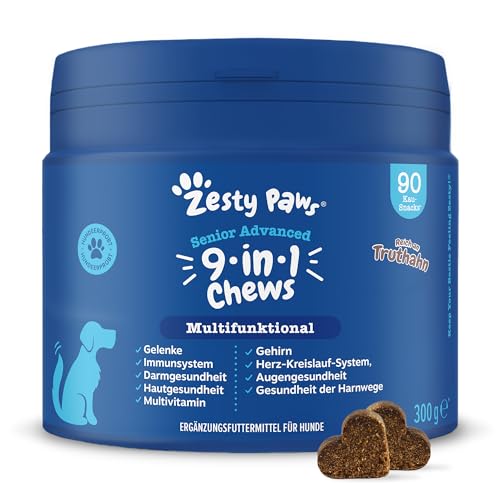 Zesty Paws 9-in-1 Vitamine für Hunde | Weiche Hunde Leckerlis - Gelenk- & Knochenschutz für Hunde - Glucosamine & Chondroitin| Hirn-, Darmfunktion, Haut und Wohlbefinden | Für alle Hunde | 90 STK von Zesty Paws