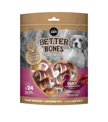 BetterBones – weicher Kausnack für Hunde, ohne Rohhaut, umwickelte Knochen mit Ente und Cranberry, 7,5cm, 24er Pack von Zeus