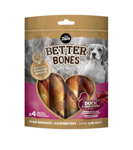 BetterBones – weicher Kausnack für Hunde, ohne Rohhaut, umwickelte Rollen mit Ente mit Cranberry, 12,5cm, 4er Pack von Zeus