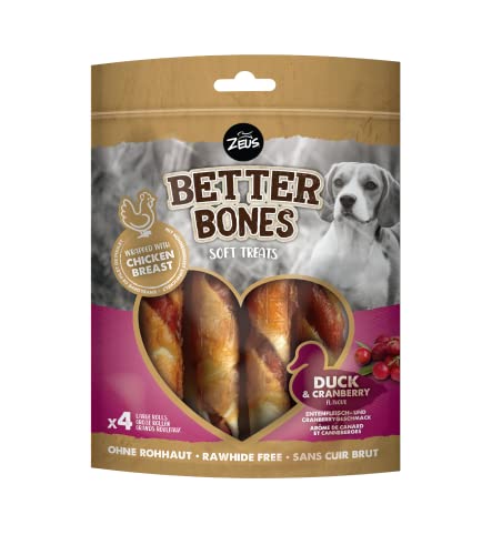 BetterBones – weicher Kausnack für Hunde, ohne Rohhaut, umwickelte Rollen mit Ente mit Cranberry, 12,5cm, 4er Pack von Zeus