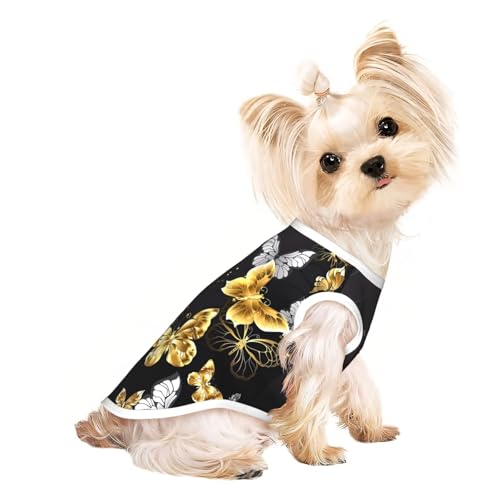 Atmungsaktives ärmelloses T-Shirt für Haustiere, Größe M, goldfarbene weiße Schmetterlinge, schwarz, bedruckt, leichtes Hunde- und Katzenoutfit – dehnbares Tanktop Atmungsaktives ärmelloses T-Shirt für Haustiere, Größe M, goldfarbene weiße Schmetterlinge, schwarz, bedruckt, leichtes Hunde- und Katzenoutfit – dehnbares Tanktop von ZhRiYan