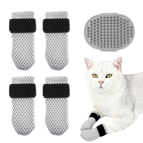 ZhouWei 4 Stück Verstellbare Katzenschuhe aus Netzstoff, Atmungsaktiv Katzenpfotenschutz Hundeschuhe Socken Katzen mit Bürste Katze Hundebürste Kurzhaar Hundesocken Hunde Schuhe, für Baden Haustieren von ZhouWei