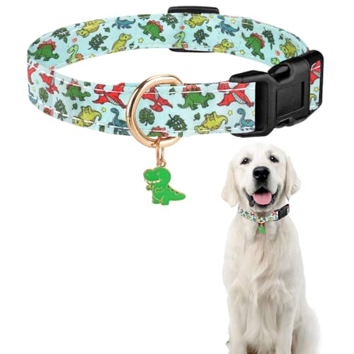 Sommer Hundehalsband Bunt, Blume & Dinosaurier-Designhundeleine mit Schnellverschluss Kunststoffschnalle, Komfortable Baumwolle Halsband für Jungen und Mädchen Hunde (Dinosaurier, L(Hals:30-55cm)) von Zidoley