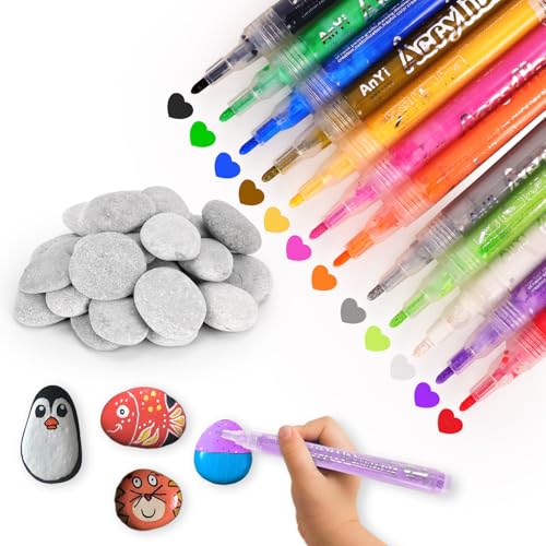 15 Stück Flache Steine zum Bemalen und 12 Farben Wasserfest Marker Acrylstifte für Flusskiesel, 3-5 cm Flach Kieselsteine zum Basteln, Deko-Steine, Bemalen Stifte für Kinder DIY von Zidoley