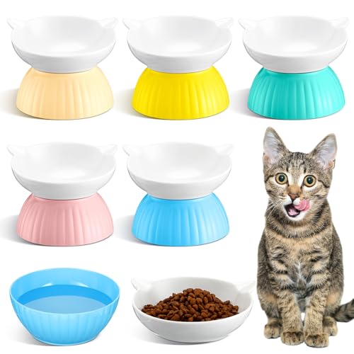Ziliny 5 Stück verstellbare Keramik-Katzennäpfe in Cartoon-Katzenform, erhöhte Neigung, PET-Näpfe, stehend, erhöhter Keramik-PET-Futternapf, schützt die Wirbelsäule der Katze, kippsicher, Anti-Reflux von Ziliny