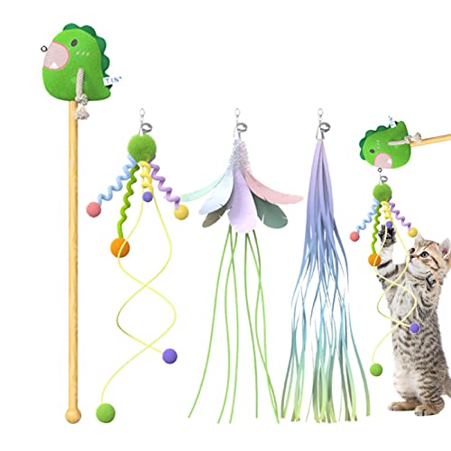 ZimiZu Katzen-Zauberstab-Set, niedliches Haustier-Begleitspielzeug in Dinosaurierform, interaktives Teaser-Spielzeug mit 3 Ersatzköpfen, Katzen-Angelstock-Spielzeug, lustiges Jagdkatzen-Spielset von ZimiZu