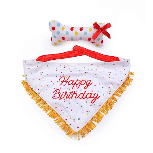 ZippyPaws Geburtstagsgeschenke für Hunde – Gepunktetes Geburtstagstuch und Plüsch-Quietschknochenspielzeug, Hundegeburtstagsparty-Zubehör für Jungen und Mädchen von ZippyPaws