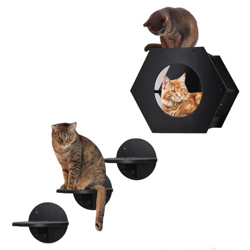 Katzenwandmöbel, Katzenwandregale passend für Katzen bis zu 6.8 kg, 1 Katzenregal und 3 Katzenwandstufen mit Kratzpolster, Katzenregale Wandhalterung, moderne Katzenwandmöbel von Ziprofly
