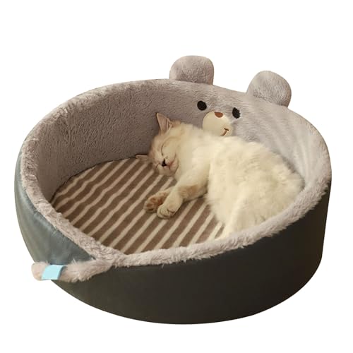 Zisemeil Katzenkissen, rund, weiches Kaninchenhaar, warm, Cartoon-Stil, waschbar, kleines Hundebett, kleines Haustierhaus, für den Innenbereich (Cartoon-Bär) von Zisemeil