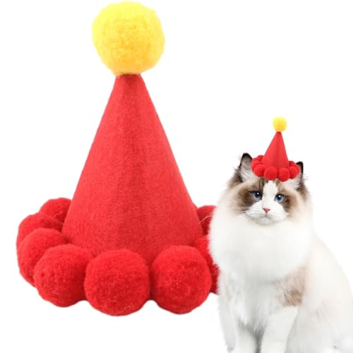 Geburtstagsmütze, Weihnachtsmannmütze, Plüschball-Kegel-Haustier-Kopfbedeckung Weihnachten, Weihnachts-Haustiermütze sitzt bequem auf jeder Katze oder jedem Hund von Ziurmut