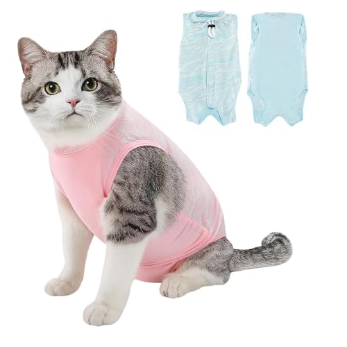 Ziyonix 2 Stück Katzenbody Nach OP, Bequem und Atmungsaktiv Recovery Suit Op Body Katze Kastration Spay Entwöhnung Leckschutz Suit Katzenbekleidung für Katze Body Operation (Rosa+Blau) (L) von Ziyonix