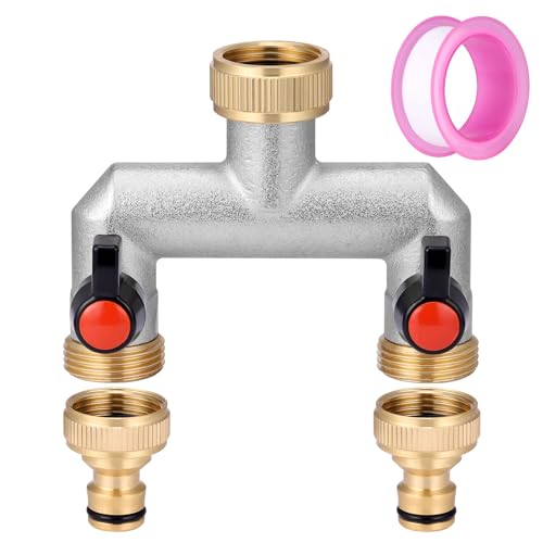 Zocipro 2-Wege Wasserhahn Wasserverteiler aus Messing, für 2 Geräte/Gartenschläuche, 2 Wege Verteiler Wasser 3/4 Zoll mit Kugelhahn zum Einstellen und Absperren des Wasserflusses von Zocipro