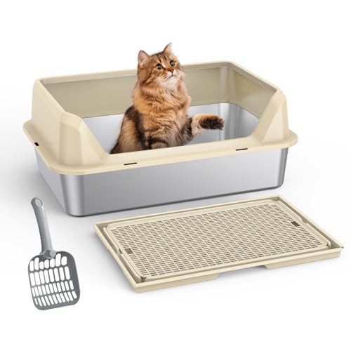 Zoelele Katzentoilette aus Edelstahl mit Deckel, XL Katzentoilette, leicht zu reinigende und geruchsabweisende Katzentoilette aus Edelstahl mit Katzentoilette und Schaufel, Antihaft, Anti-Leck (B) von Zoelele