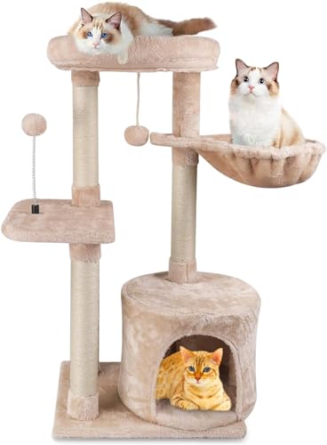 86cm Kratzbaum Katzenkletterpfosten mit stabilem Rahmen, bequemer Sitzstange und katzenfreundlichem Spielzeug, mehrstöckige Konstruktion für Katzenerholung und Pflege von ZonQoonz
