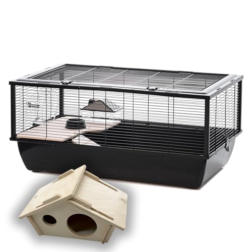 Großer Hamsterkäfig für Nagetiere + Holzhaus ca. 80 cm Hochwertig mit Holz Zubehör Nagerkäfig Haustier Kleintiere von ZooPaul