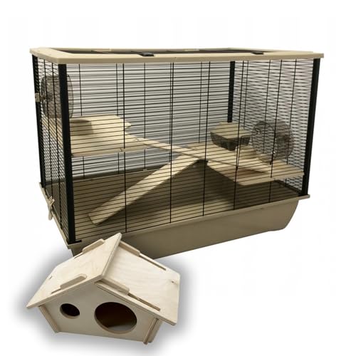 Holzhaus + ZooPaul Hamster-Hasen-Käfig mit Holz Podest und Leiter beige von ZooPaul