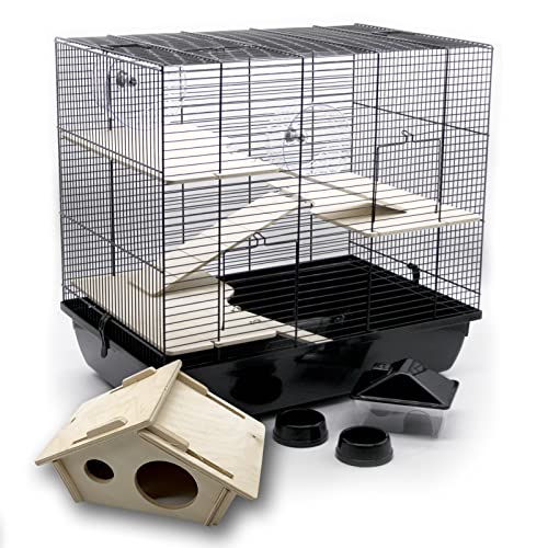 ZooPaul Premium Nagerkäfig Kleintiere schwarz inkl. Zubehör aus Holz 60x36x54 cm Maus Hamsterkäfig von ZooPaul