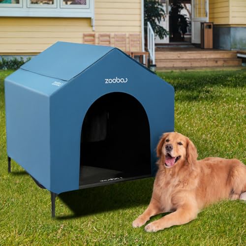 2-in-1-Hundehütte für mittelgroße Hunde, erhöhtes Hundehaus für drinnen und draußen, wasserabweisendes 600D-PVC und strapazierfähiges 2 x 1 Textilene-erhöhtes Hundebett, 106,7 cm, Blau 2-in-1-Hundehütte für mittelgroße Hunde, erhöhtes Hundehaus für drinnen und draußen, wasserabweisendes 600D-PVC und strapazierfähiges 2 x 1 Textilene-erhöhtes Hundebett, 106,7 cm, Blau von Zooba
