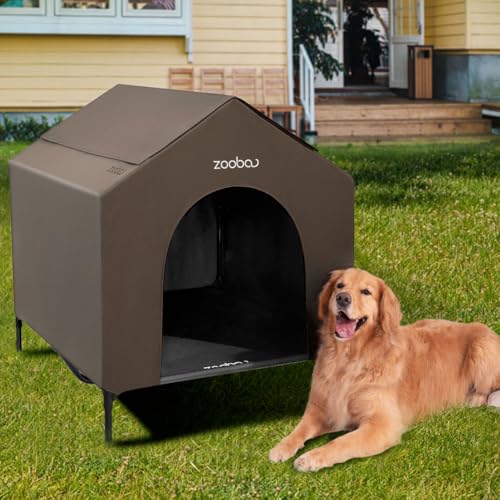 2-in-1-Hundehütte für mittelgroße Hunde, erhöhtes Hundehaus für drinnen und draußen, wasserabweisendes 600D-PVC und strapazierfähiges 2 x 1 Textilene-erhöhtes Hundebett, 106,7 cm, Braun 2-in-1-Hundehütte für mittelgroße Hunde, erhöhtes Hundehaus für drinnen und draußen, wasserabweisendes 600D-PVC und strapazierfähiges 2 x 1 Textilene-erhöhtes Hundebett, 106,7 cm, Braun von Zooba