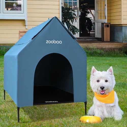 2-in-1-Hundehütte für mittelgroße Hunde, erhöhtes Hundehaus für drinnen und draußen, wasserabweisendes 600D-PVC und strapazierfähiges 2 x 1 Textilene-erhöhtes Hundebett, 73,7 cm, Blau 2-in-1-Hundehütte für mittelgroße Hunde, erhöhtes Hundehaus für drinnen und draußen, wasserabweisendes 600D-PVC und strapazierfähiges 2 x 1 Textilene-erhöhtes Hundebett, 73,7 cm, Blau von Zooba