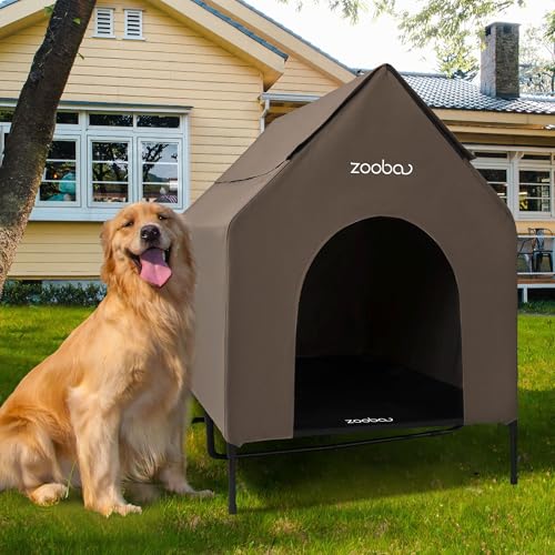 Hundehütte, Größe XL, 121,9 cm, wetterfestes PVC, Textilen-Kühlbett, leicht zu reinigen, Braun von Zooba