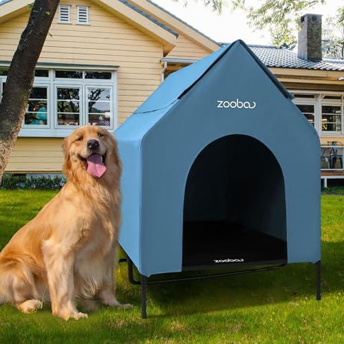 Hundehütte, Größe XL, 121,9 cm, wetterfestes PVC, erhöhtes Kühlbett, leicht zu reinigen, Blau von Zooba