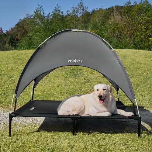 Zooba Erhöhtes Outdoor-Hundebett mit Baldachin, Größe XL, kühlendes erhöhtes Haustierbett mit abnehmbarem Sonnenschutz für Camping, Deluxe-600D-PVC mit 2 x 1 Textilene-Hundebett von Zooba