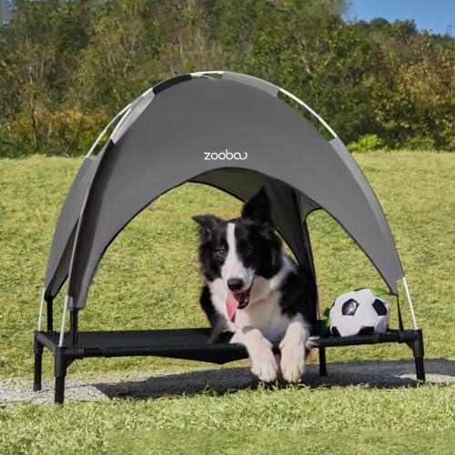 Zooba Erhöhtes Outdoor-Hundebett mit Baldachin, großes kühlendes erhöhtes Haustierbett mit abnehmbarem Sonnenschutz für Camping, Deluxe-600D-PVC mit 2 x 1 Textilene-Hundebett von Zooba