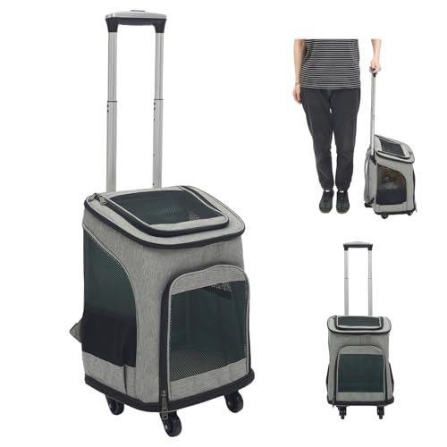 Hundetransportbox mit Rollen,Faltbarer Transportbox,Katzenrucksack mit Teleskopgriff,Transportboxen für große Katze und kleine Hunde mit atmungsaktivem Mesh,Haustier Rucksack bis 9 kg (Grau) von Zoobotanica