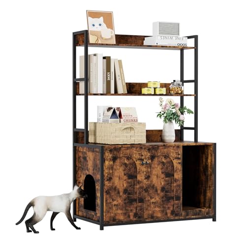 Katzenschrank Gehäuse,Metallrahmen, Für Den Innenbereich, Katzenhaus-Möbelschrank Für Die Meisten Katzentoiletten, Katzentoilette Mit Doppeltüren & Eingang & Offenem Regal(Braun) von ZoomBuggy