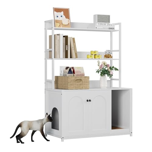 Katzenschrank Gehäuse,Metallrahmen, Für Den Innenbereich, Katzenhaus-Möbelschrank Für Die Meisten Katzentoiletten, Katzentoilette Mit Doppeltüren & Eingang & Offenem Regal(Weiß) von ZoomBuggy