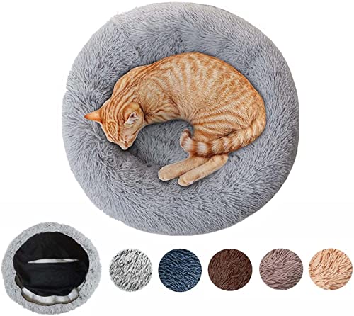 Flauschiger Anti-Stress-Hundekorb, waschbar, abnehmbar, rund, weiches Plüschsofa, Körbe und bequeme Möbel für Hunde und Katzen, Größe S - 60 cm, Hellgrau von Zoomlie