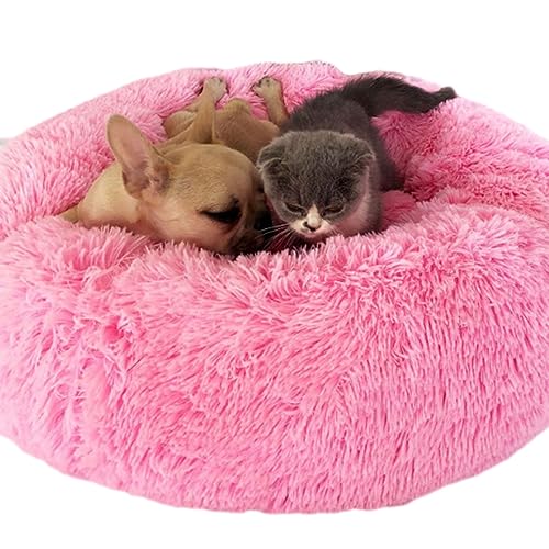 Plüsch-Katzenbett in Donut-Form, flauschig, Anti-Angst, waschbar, rutschfeste Unterseite, beruhigendes Hundebett für große, mittelgroße und kleine Hunde und Katzen (40 cm, Dunkelrosa) von Zoomlie