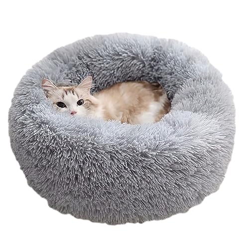 Plüsch-Katzenbett in Donut-Form, flauschig, Anti-Angst, waschbar, rutschfeste Unterseite, beruhigendes Hundebett für große, mittelgroße und kleine Hunde und Katzen (50 cm, Hellgrau) von Zoomlie