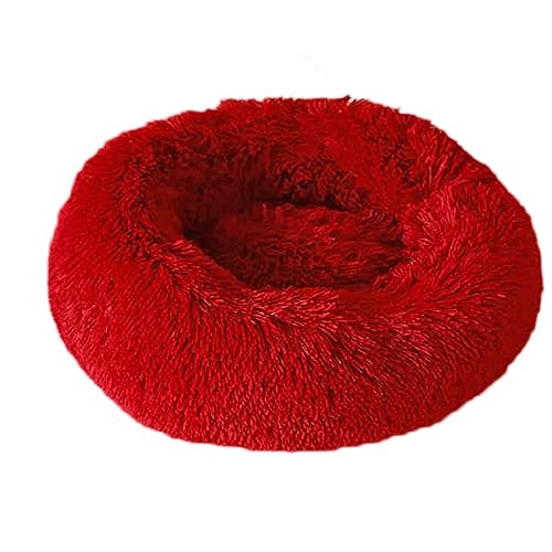 Rundes Donut-Haustierbett, warm, flauschig, Anti-Angst, Hundehütte, langer Plüsch, für den Innenbereich, Katze, mit rutschfester Unterseite, Haustiernest, Kuscheltier (30 cm, rot) von Zoomlie