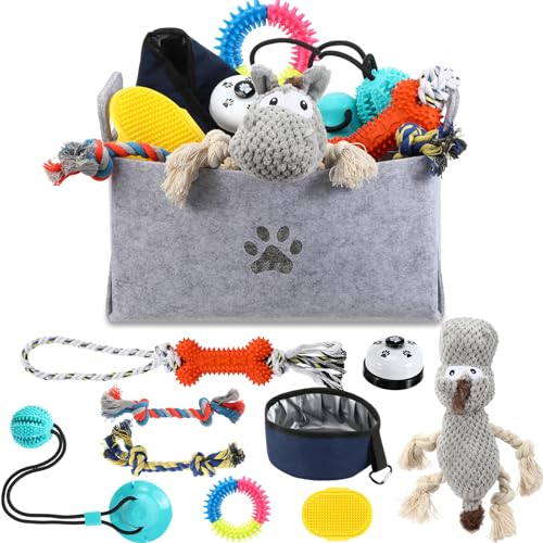 Zopeal 10 Stück Welpen-Geschenkkorb, Hundespielzeug, Haustierzubehör, tragbarer Reisenapf, Fellpflegebürste, quietschendes Spielzeug, Saugnapf-Futterspender, Kauseile, für Hunde, Geburtstagsgeschenke von Zopeal