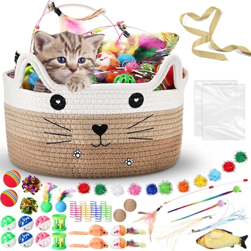 Zopeal 76-teiliges Katzen-Aufbewahrungskorb, Geschenkspielzeug-Set, interaktives Katzenspielzeug, Kätzchen-Zauberstab, bunte blinkende Bälle, Haustierglocke, Knisterbälle, zieht Kätzchen zum Schwitzen Zopeal 76-teiliges Katzen-Aufbewahrungskorb, Geschenkspielzeug-Set, interaktives Katzenspielzeug, Kätzchen-Zauberstab, bunte blinkende Bälle, Haustierglocke, Knisterbälle, zieht Kätzchen zum Schwitzen von Zopeal
