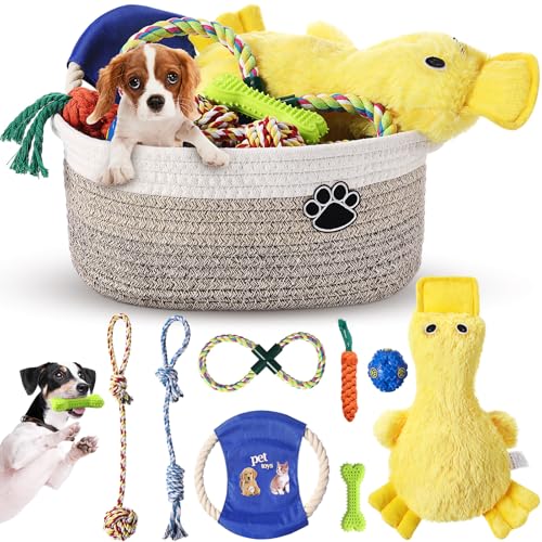 Zopeal 9-teiliges Hundespielzeug-Set, Aufbewahrungskorb, Hundespielzeug, Kauspielzeug, Hundespielzeug, quietschendes Plüsch-Entenspielzeug, Seilspielzeug, Trainingsspielzeug, Hundespielzeugkorb für von Zopeal