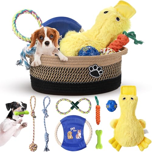 Zopeal Aufbewahrungskorb-Set für Welpen, Hundespielzeug, Kauspielzeug zum Zahnen, quietschend, Plüsch-Ente, Seil, gewebter Korb mit Griffen für kleine Welpen, 9 Stück (schwarz) von Zopeal