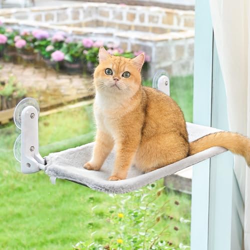 Zoratoo Kabellose und faltbare Katzen-Fensterstange mit Metallrahmen und wendbarem, waschbarem Bezug, Haustier-Hängemattenbett, 4 große Saugnäpfe, Fensterruhesitz für Indoor-Katzen (Katzenbett, Grau) von Zoratoo