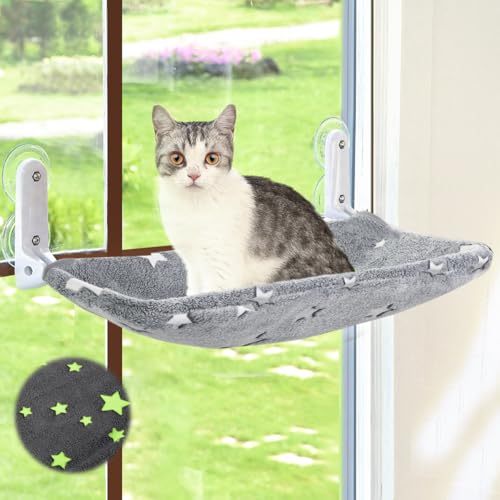 Zoratoo Katzen-Fenstersitzstange, leuchtet im Dunkeln, schnurlos, faltbar, Haustier-Hängematte für Fenster mit stabilem Metallrahmen, leuchtende Sternenmuster, Ruhesitz für Indoor-Katzen (Sterne - L) Zoratoo Katzen-Fenstersitzstange, leuchtet im Dunkeln, schnurlos, faltbar, Haustier-Hängematte für Fenster mit stabilem Metallrahmen, leuchtende Sternenmuster, Ruhesitz für Indoor-Katzen (Sterne - L) von Zoratoo