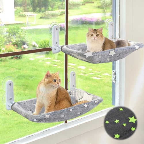 Zoratoo Katzen-Fenstersitzstange, leuchtet im Dunkeln, schnurlos, faltbar, Haustier-Hängemattenbett für Fenster mit stabilem Metallrahmen, leuchtende Sterne Muster, Ruhesitz für Indoor-Katzen (2 Zoratoo Katzen-Fenstersitzstange, leuchtet im Dunkeln, schnurlos, faltbar, Haustier-Hängemattenbett für Fenster mit stabilem Metallrahmen, leuchtende Sterne Muster, Ruhesitz für Indoor-Katzen (2 von Zoratoo