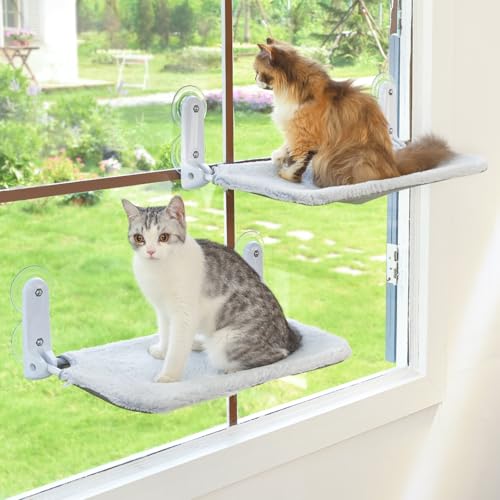 Zoratoo Katzen-Fensterstange, schnurlos, faltbar, Katzenhängematte für Fenster mit Metallrahmen und wendbarer Abdeckung, große Saugnäpfe, Fensterruhesitz für Indoor-Katzen (M-2PC) (Grau, Katzenbett, von Zoratoo