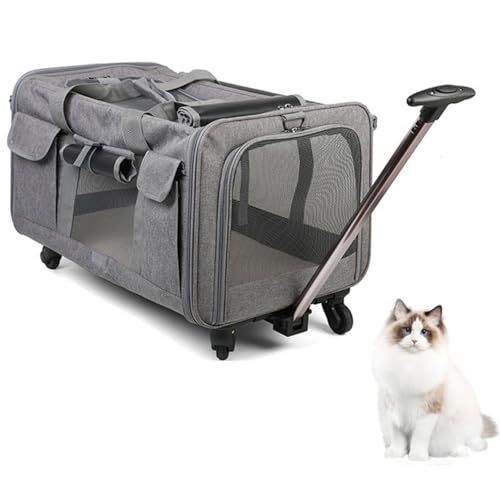 Transporttasche für Hunde und Katzen, atmungsaktiv, mit Rädern und Griff, Transport mit abnehmbarem Boden für Hund und Katze, 43 x 39 x 60 cm, Grau von Zorive
