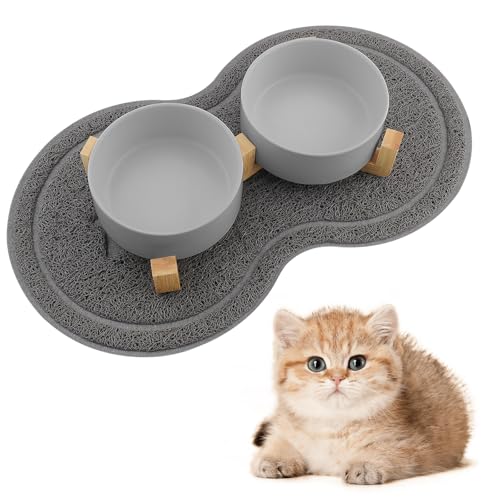 Zosenyer Katzennapf, 2 Stück Keramik Futternapf Katze Set, 3-in-1 rutschfeste Katzennäpfe mit Holzstände und Matten, Fressnapf und Wassernapf für Katzen und Kleine Hunde von Zosenyer