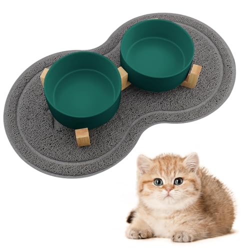 Zosenyer Katzennapf, 2 Stück Keramik Futternapf Katze Set, 3-in-1 rutschfeste Katzennäpfe mit Holzstände und Matten, Fressnapf und Wassernapf für Katzen und Kleine Hunde von Zosenyer