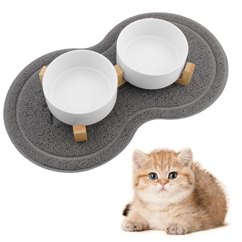 Zosenyer Katzennapf, 2 Stück Keramik Futternapf Katze Set, 3-in-1 rutschfeste Katzennäpfe mit Holzstände und Matten, Fressnapf und Wassernapf für Katzen und Kleine Hunde von Zosenyer