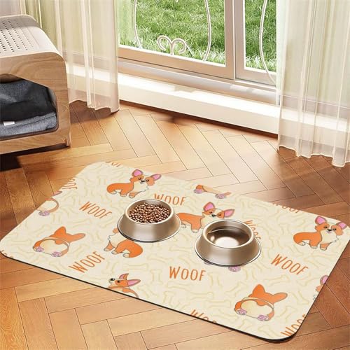 Corgi mit Knochen und Worten,wasserdichte Futtermatte für Haustiere, Tischsets für Katzen und Hunde für Futter und Wasser, Futtermatten aus PU-Leder,40x60cm von Zouey
