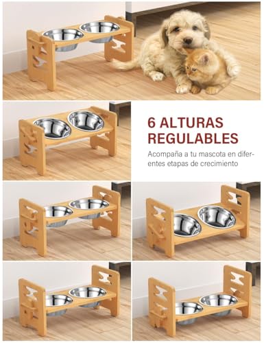 Zoyvax Hundenapf Erhöht mit Ständer,Hundebar Höhenverstellbar Futternapf für Kleine Hunde und Katzen,Haltbar Futterbar Futterstation Bambus mit 2 Premium Keramik-Hundenapf und Haustier-Futtermatte von Zoyvax