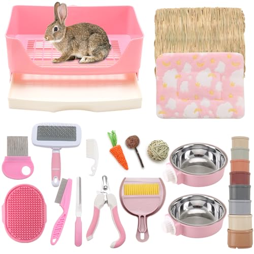25-teiliges großes Kaninchen-Starter-Set, Hasentoilette mit Schublade, Tierpflegeset, stapelbare Tassen, Schüssel, Decken, Matte mit Reinigungsset für erwachsene Meerschweinchen, Frettchen, Hamster von Zozimix